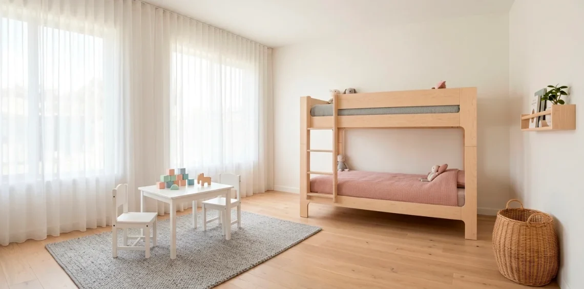 Wide shot of a minimalist Scandinavian kids room with a light wood bunk bed and airy decor.