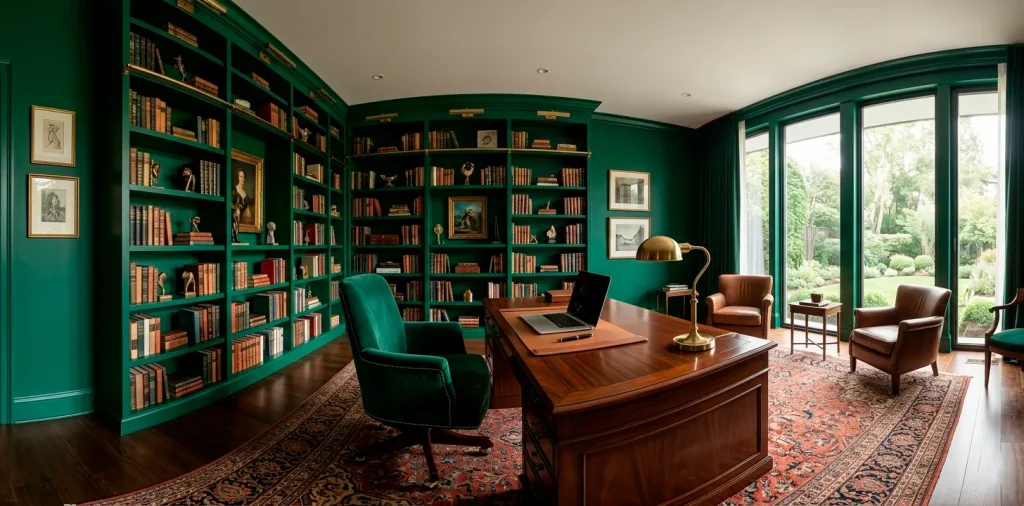 Luxury home office with emerald green walls, dark wood desk, and brass accents in professional photography.