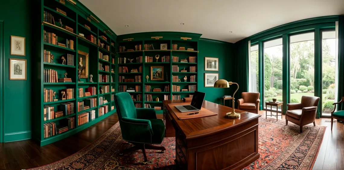Luxury home office with emerald green walls, dark wood desk, and brass accents in professional photography.