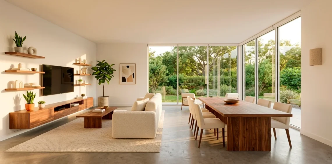 Modern open-concept living room featuring warm walnut wood furniture and minimalist decor.