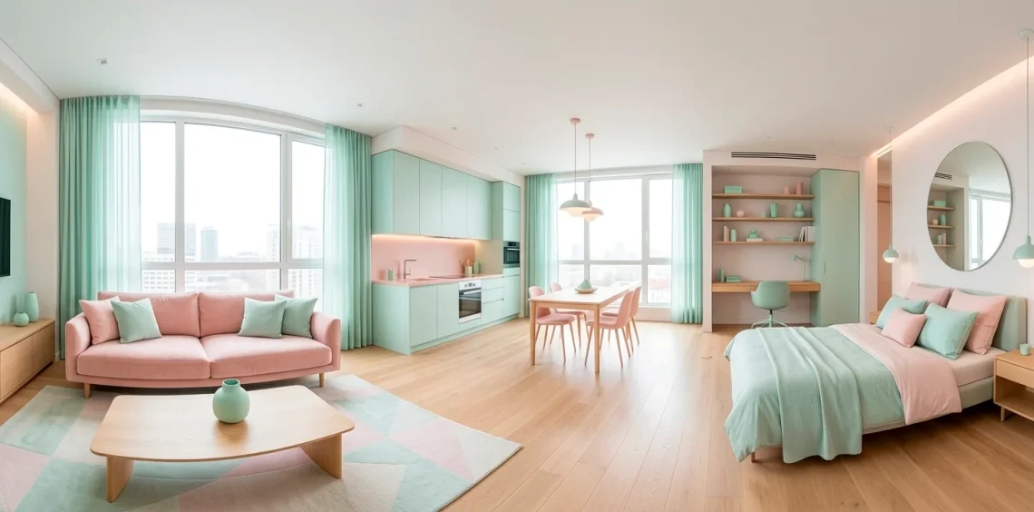 Wide panoramic view of a luxury studio apartment decorated in soft pastel mint and pink hues.