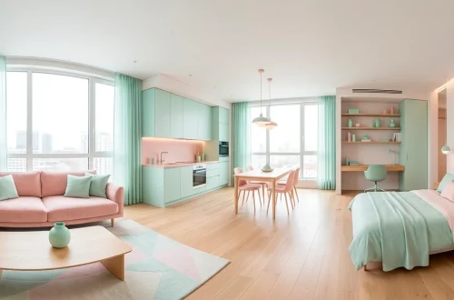 Wide panoramic view of a luxury studio apartment decorated in soft pastel mint and pink hues.