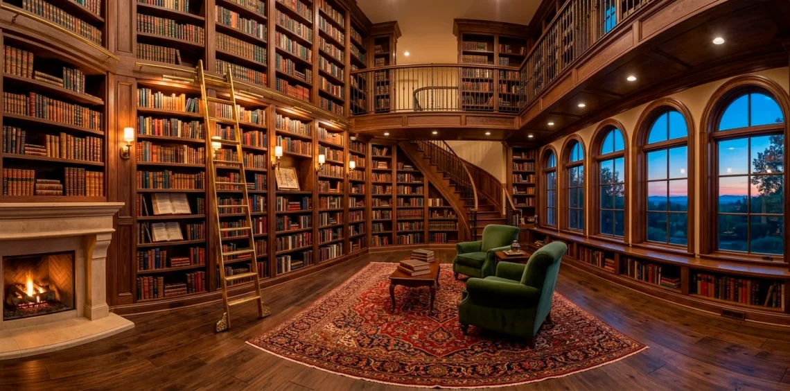 Wide panoramic shot of a luxurious double-height home library with walnut shelves and a brass ladder.