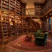 Wide panoramic shot of a luxurious double-height home library with walnut shelves and a brass ladder.