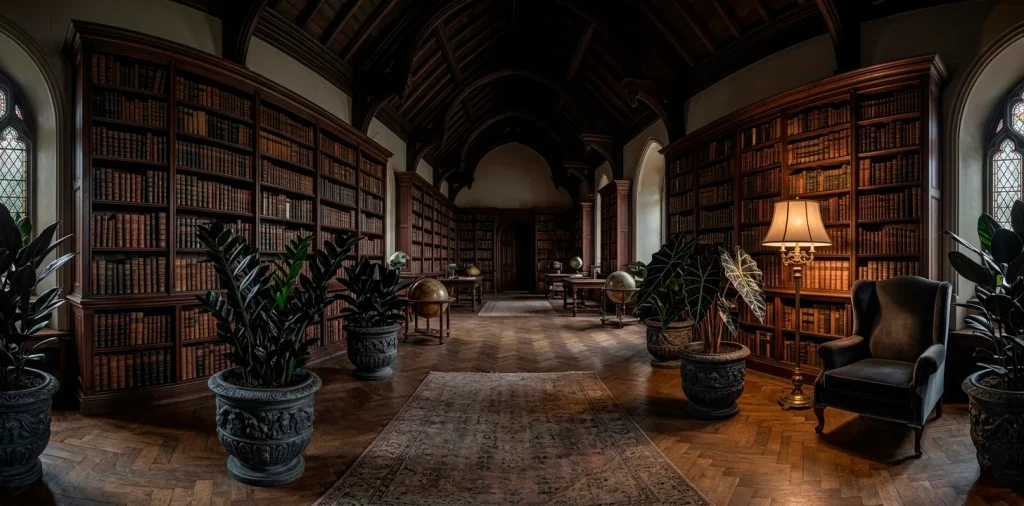 Wide panoramic shot of a dark gothic library filled with books and moody black leaf houseplants.