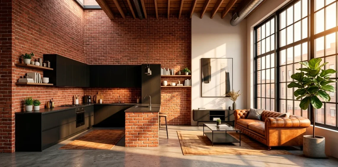 Industrial urban loft with red brick accent walls and modern furniture in a sunny interior.