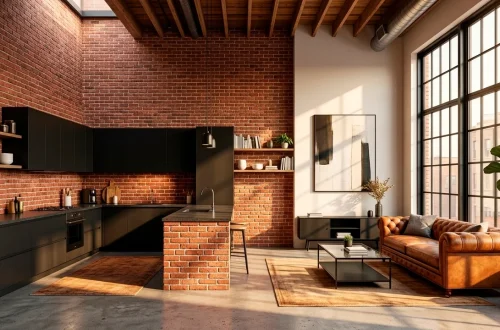 Industrial urban loft with red brick accent walls and modern furniture in a sunny interior.