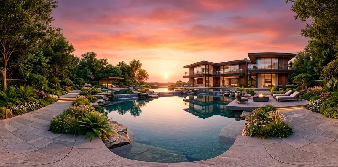 Wide landscape view of a luxury estate backyard featuring a grand multi-level designer pond and modern villa.
