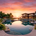 Wide landscape view of a luxury estate backyard featuring a grand multi-level designer pond and modern villa.