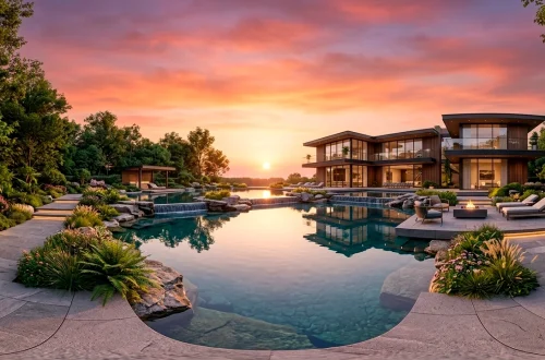 Wide landscape view of a luxury estate backyard featuring a grand multi-level designer pond and modern villa.