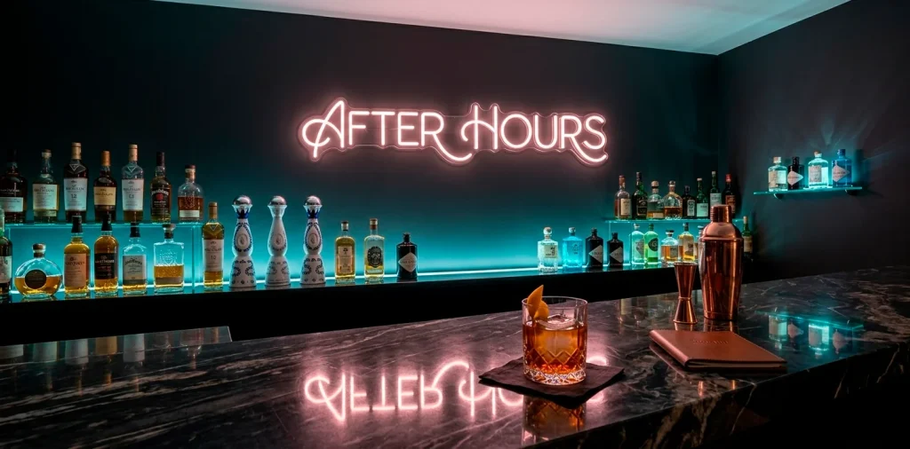 Luxury home bar with moody neon lighting and dark charcoal walls for a nightclub atmosphere.