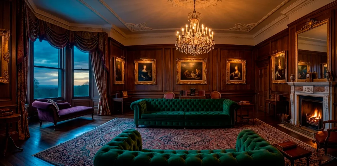 Grand Victorian parlor with emerald velvet sofa and luxurious plum chaise longue in warm light.