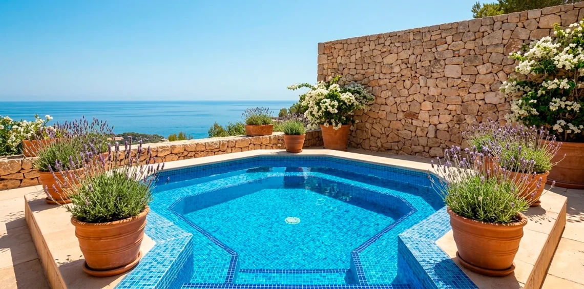 Wide Mediterranean patio featuring a vibrant blue tiled pond surrounded by terracotta pots and bougainvillea.