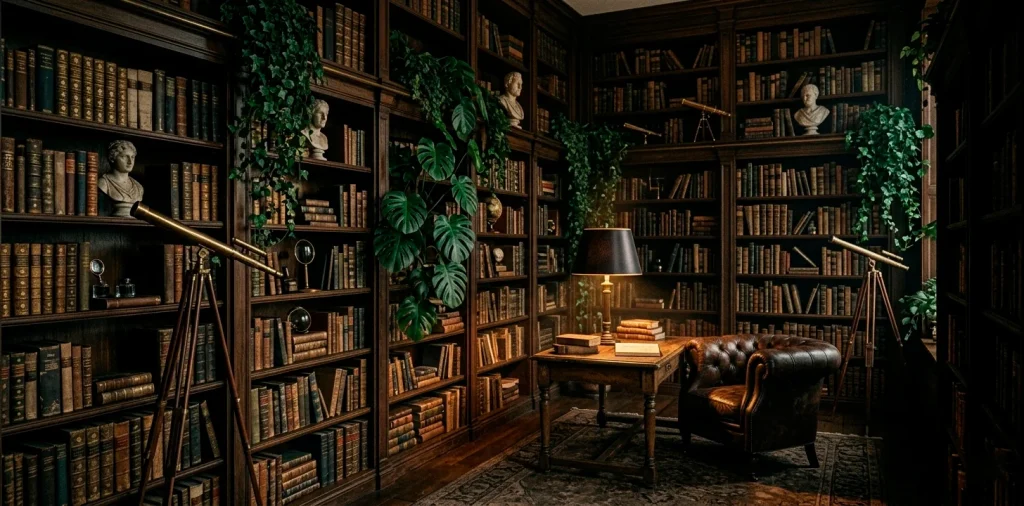 Dark academia library with floor-to-ceiling bookshelves, vintage books, and lush green plants in a moody room.
