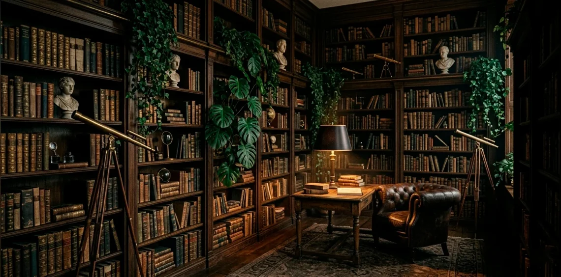 Dark academia library with floor-to-ceiling bookshelves, vintage books, and lush green plants in a moody room.