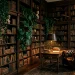 Dark academia library with floor-to-ceiling bookshelves, vintage books, and lush green plants in a moody room.