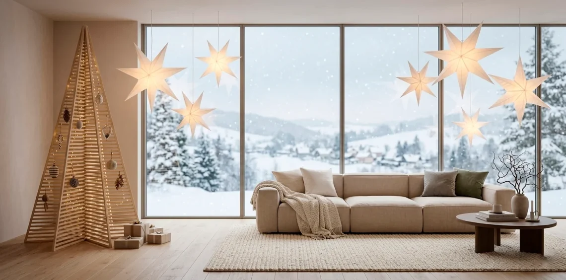Wide landscape of a Japandi living room with minimalist wooden Christmas tree and paper star lanterns.