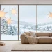 Wide landscape of a Japandi living room with minimalist wooden Christmas tree and paper star lanterns.