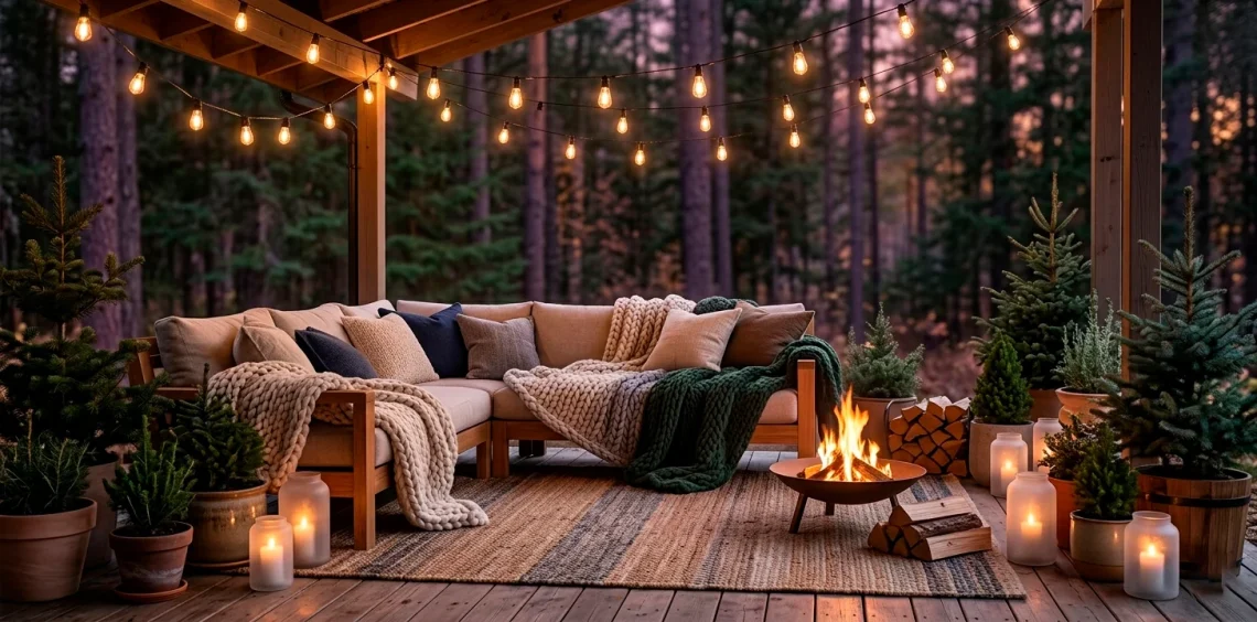 Wide panoramic view of a cozy hygge porch with warm lighting and comfortable furniture at dusk.