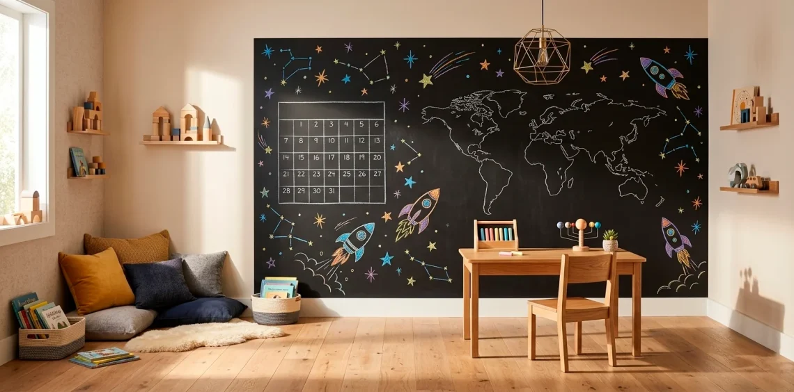 Modern kids bedroom with a multi-functional interactive chalkboard wall and cozy decor.
