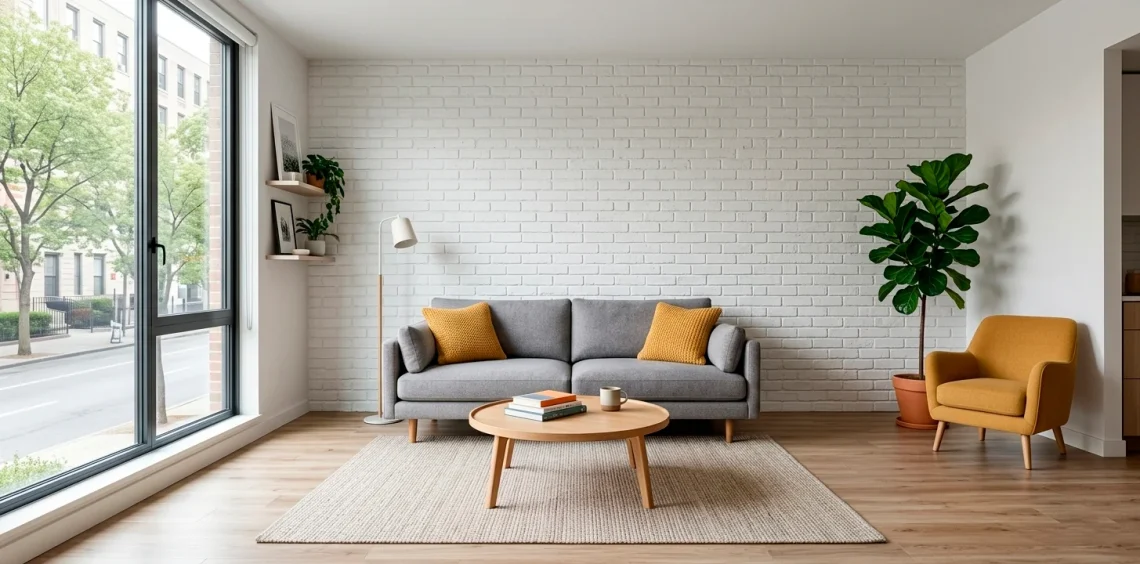 Bright modern studio apartment featuring sunny mustard yellow decor accents and natural light through a large window.