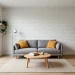 Bright modern studio apartment featuring sunny mustard yellow decor accents and natural light through a large window.