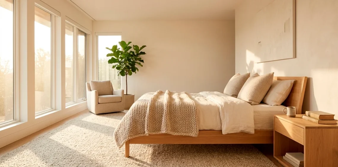 Wide horizontal view of a cozy neutral Hygge bedroom with linen bedding and warm sunlight.