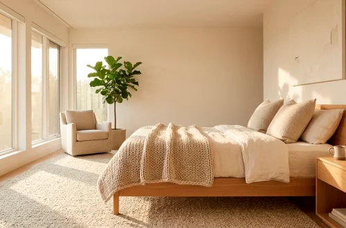 Wide horizontal view of a cozy neutral Hygge bedroom with linen bedding and warm sunlight.