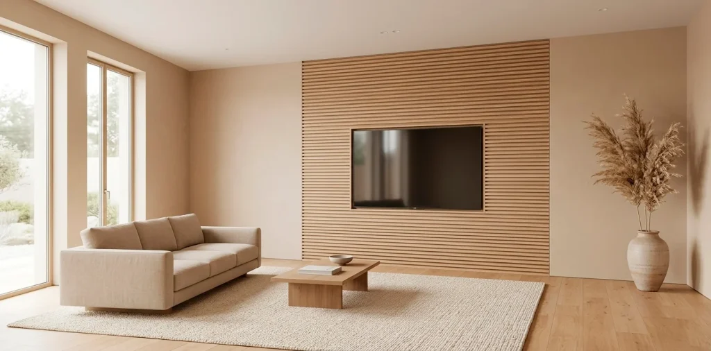 Wide-angle view of a modern Japandi living room featuring a vertical slatted wood TV wall and earthy accents.