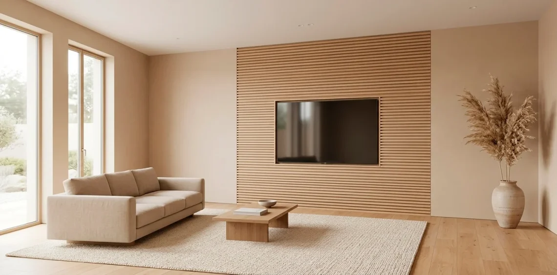 Wide-angle view of a modern Japandi living room featuring a vertical slatted wood TV wall and earthy accents.