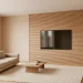Wide-angle view of a modern Japandi living room featuring a vertical slatted wood TV wall and earthy accents.