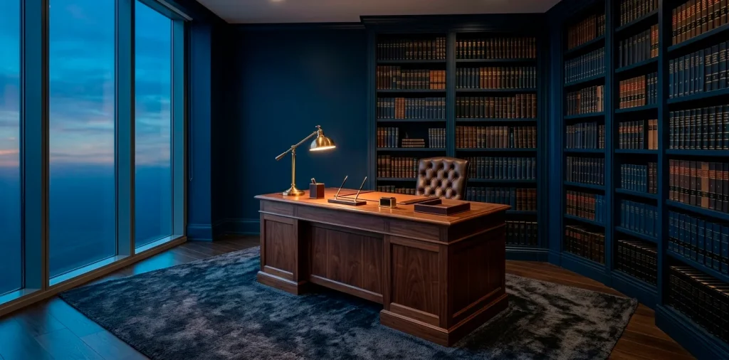 Sophisticated midnight blue home office with walnut desk and moody lighting in a wide landscape view.