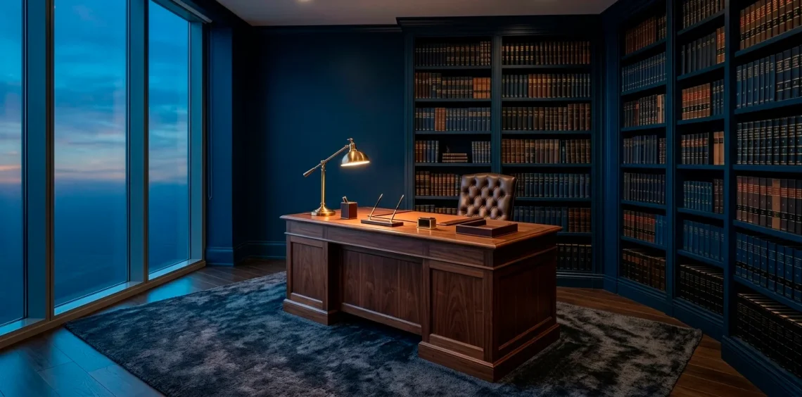 Sophisticated midnight blue home office with walnut desk and moody lighting in a wide landscape view.