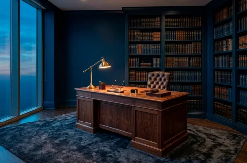 Sophisticated midnight blue home office with walnut desk and moody lighting in a wide landscape view.