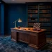 Sophisticated midnight blue home office with walnut desk and moody lighting in a wide landscape view.