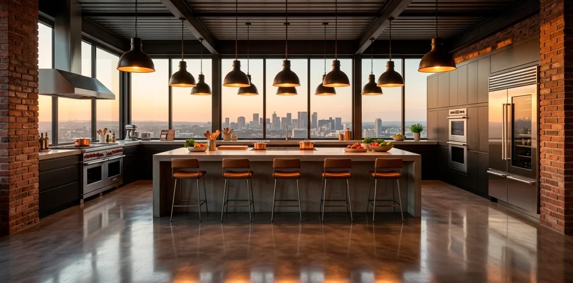 Large professional industrial kitchen with brick walls, concrete island, and stainless steel range.