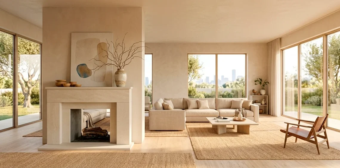 Wide landscape view of an organic modern fireplace mantle with natural wood and ceramic decor.