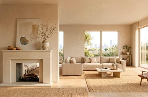 Wide landscape view of an organic modern fireplace mantle with natural wood and ceramic decor.