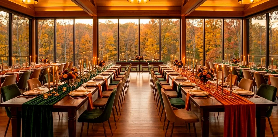 Luxurious autumn wedding reception with emerald velvet runners and warm golden candle lighting.