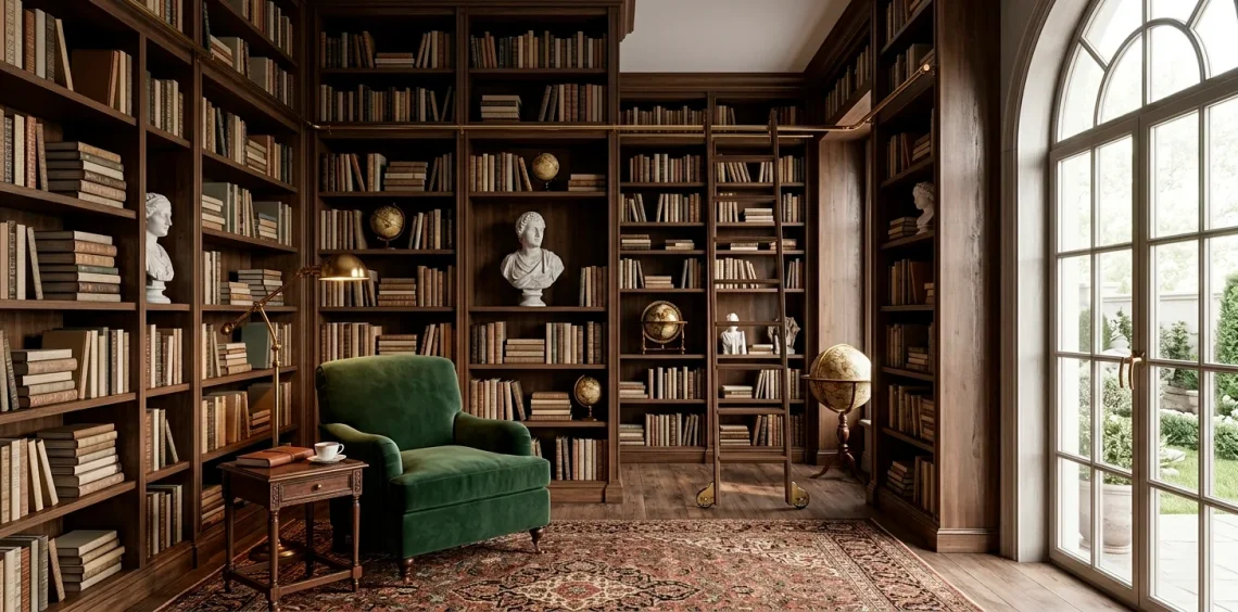 Luxurious home library with floor-to-ceiling wooden bookshelves and a velvet reading chair.