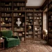 Luxurious home library with floor-to-ceiling wooden bookshelves and a velvet reading chair.