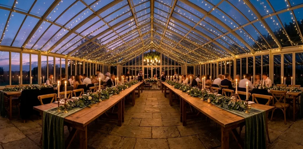 Wide view of a serene wedding reception with sage green velvet runners and eucalyptus greenery.