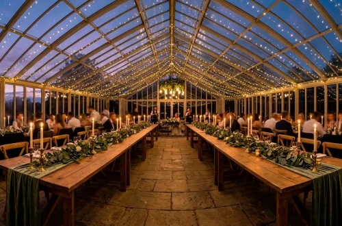 Wide view of a serene wedding reception with sage green velvet runners and eucalyptus greenery.