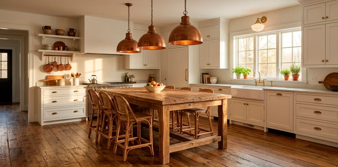 Wide view of a cozy farmhouse kitchen featuring copper pendant lights and vintage decor.