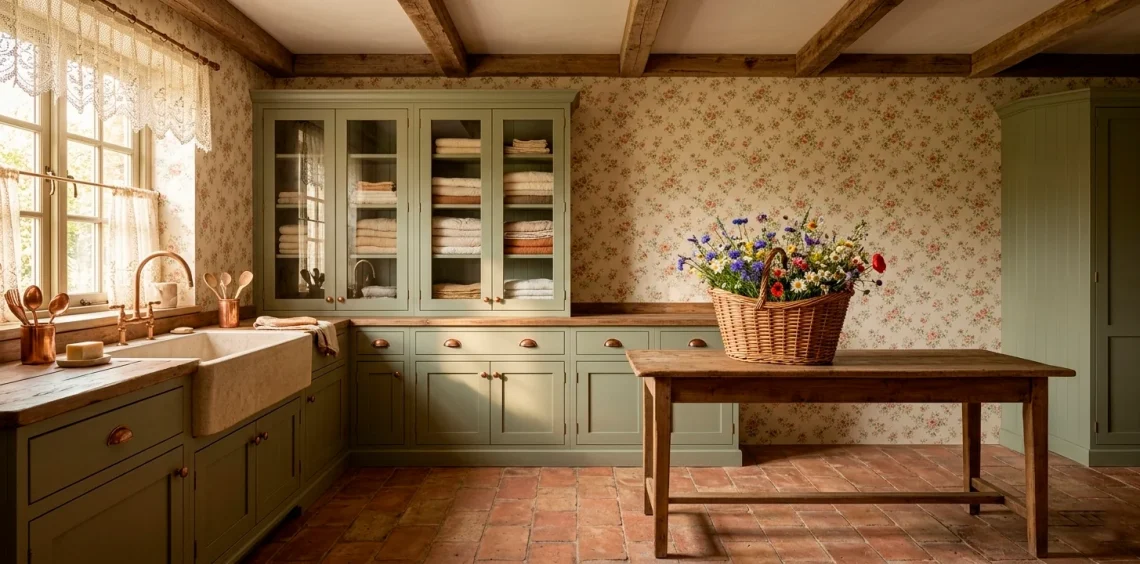 A wide view of a cozy cottage laundry room with sage green cabinets and floral wallpaper.