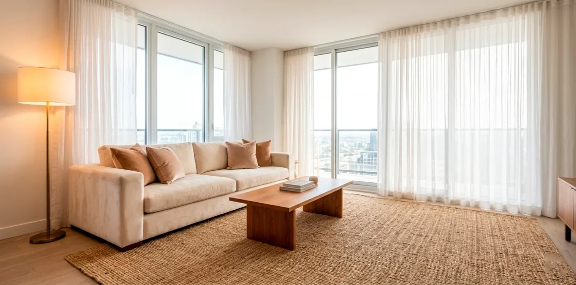 Wide shot of a warm and inviting studio apartment with cozy decor and soft natural lighting.