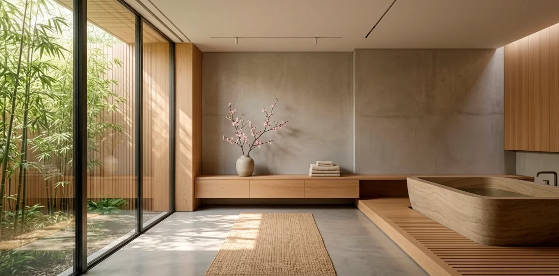 Wide landscape view of a minimalist Japandi bathroom with wood slats, concrete, and a soaking tub.