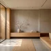 Wide landscape view of a minimalist Japandi bathroom with wood slats, concrete, and a soaking tub.