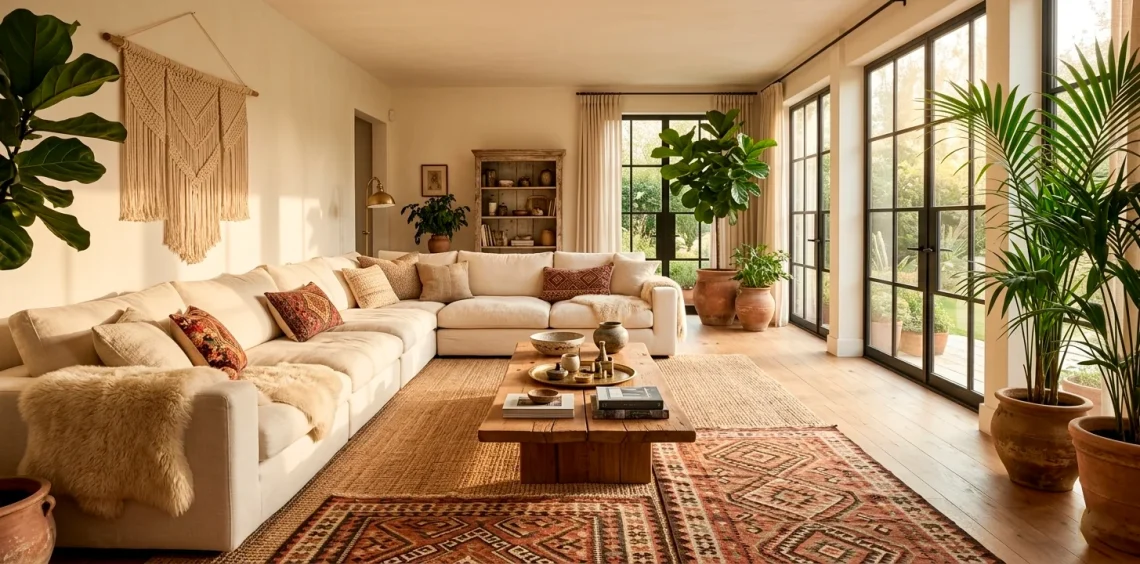 Bright bohemian living room with sun-drenched interiors and natural wood accents.