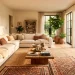 Bright bohemian living room with sun-drenched interiors and natural wood accents.